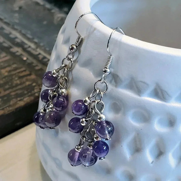 Amethyst Purple Gemstone Bead Dangle Silver Platinum Plated Earrings - Picture 7 of 10